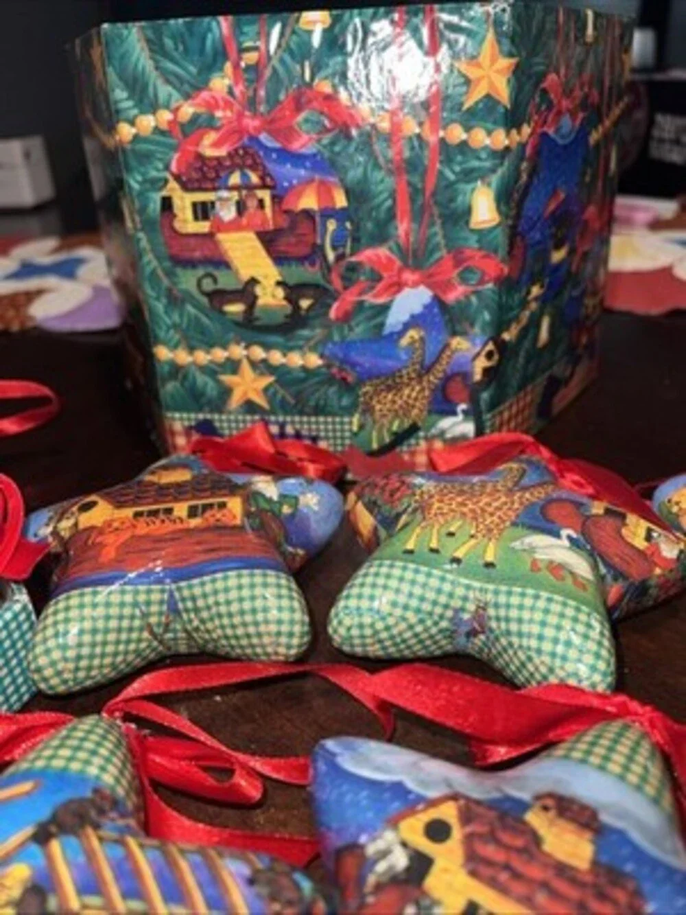 Noahs Ark Christmas Ornaments Decoupage in Original Box Set of 12 Vintage 1996
